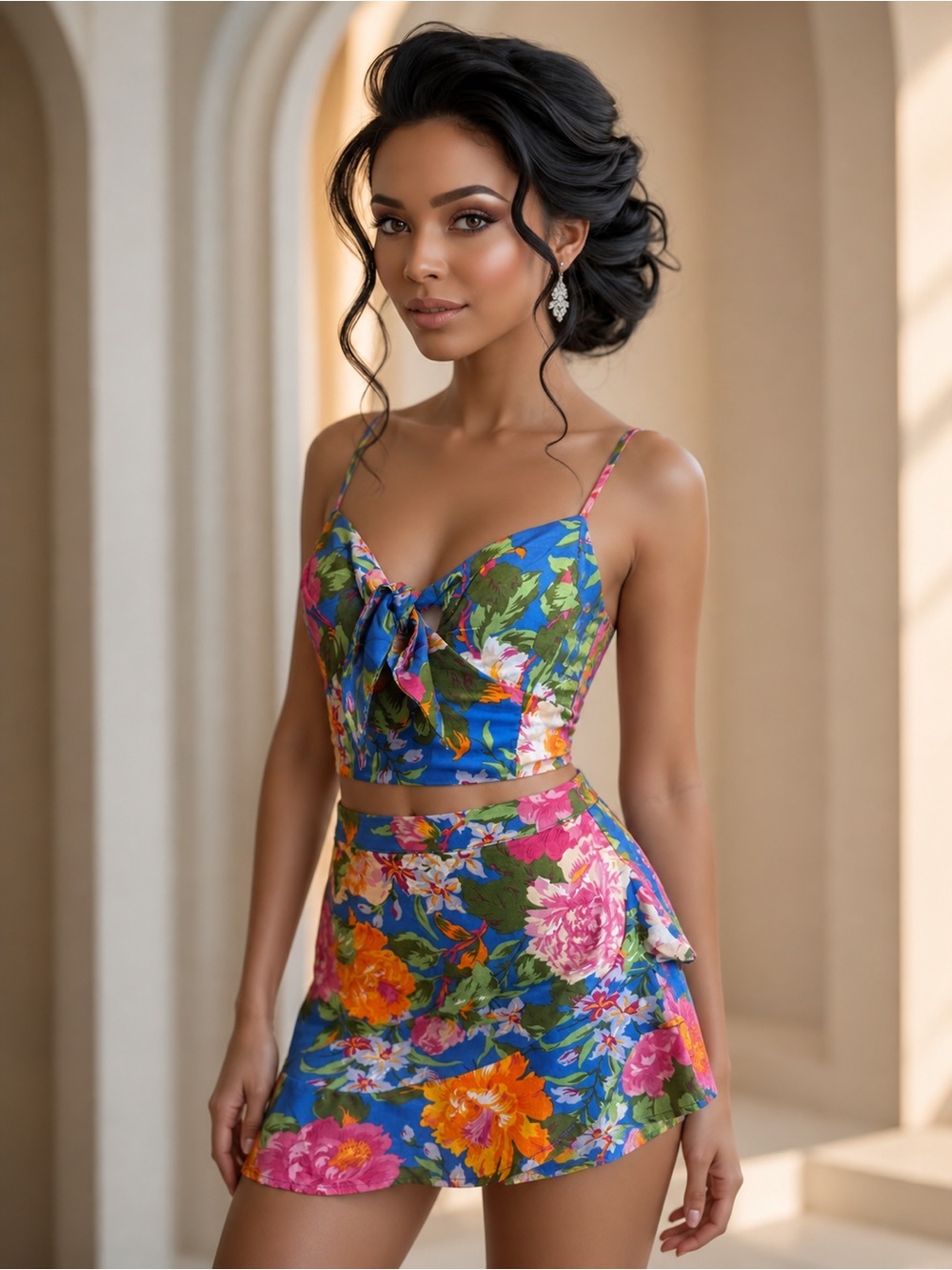 NWT- Floral Tie-Front Crop Top & Skort Set
